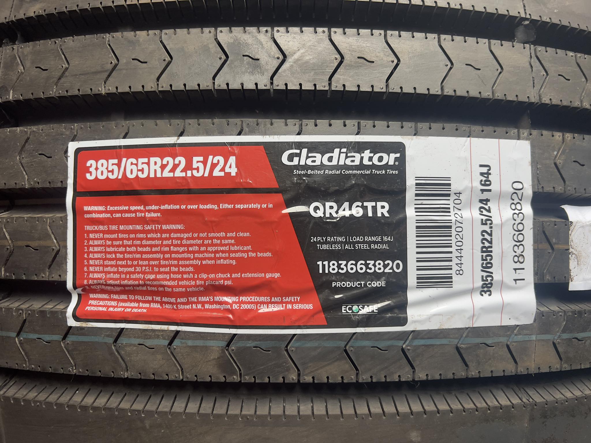 385/65R22.5 24PR  164J、 正規品・新品　GLADIATOR（グラディエーター）2025年製、生産地タイ　
